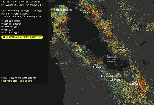 アメリカの住人の学歴が色分けされる地図