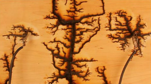 木版に高圧電流を流して枝模様を作ってみた